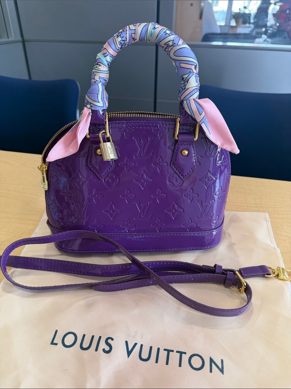 Louis Vuitton Like Purple Vernis Alma BB with Scarf-Wrapped Handles and Strap